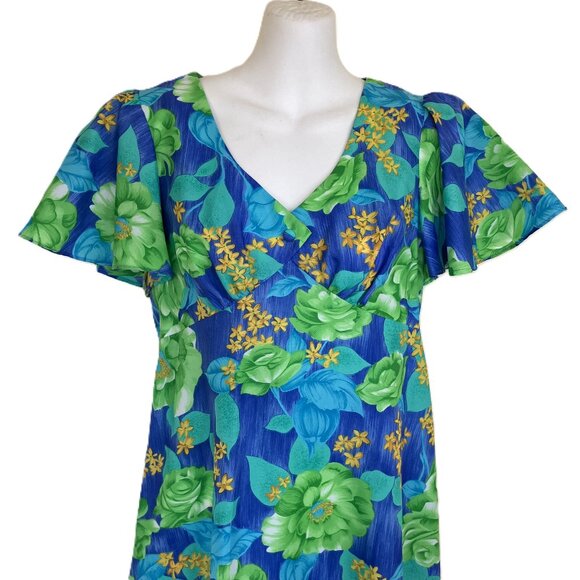 McInerny Hawaiian Maxi Dress Empire Waist Lime Green Floral Vintage 70s - Picture 2 of 6